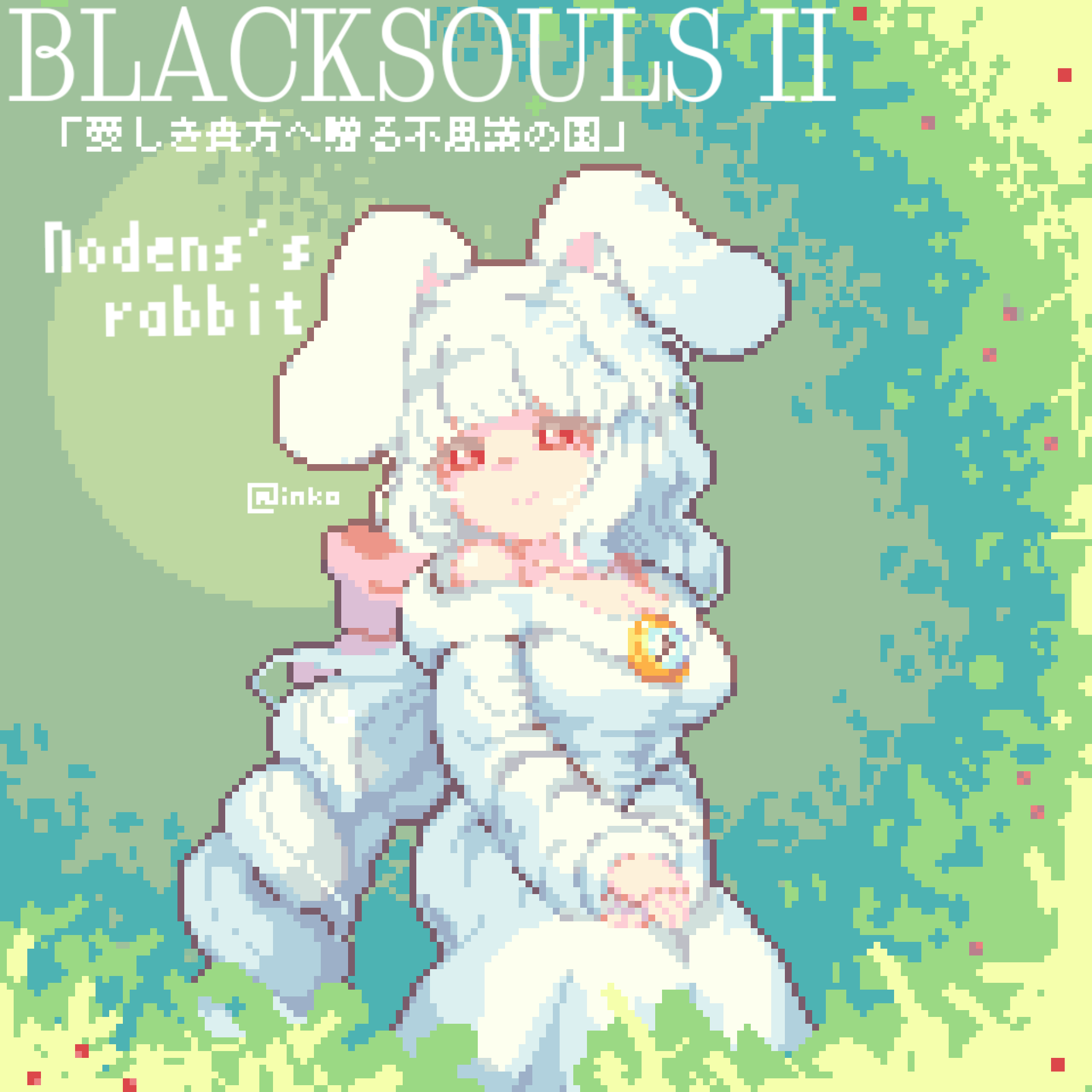 1girl, animal_ears, black_souls, black_souls_2, bow, braid, breasts, closed_mouth, dress, hair_bow, happy, highres, inkotheparrot, large_breasts, long_hair, long_sleeves, looking_to_the_side, node_(black_souls), pink_bow, pixel_art, pocket_watch, rabbit_ears, rabbit_girl, red_eyes, smile, solo, very_long_hair, watch, white_dress, white_hair