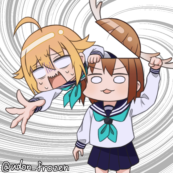 2girls, antlers, blonde_hair, blue_sailor_collar, blue_skirt, brown_hair, deer_antlers, deer_girl