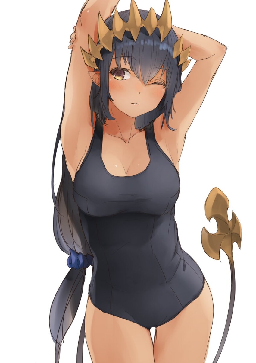 1girl, alternate_costume, arms_up, atsushima, black_hair, black_one-piece_swimsuit, blush, breasts