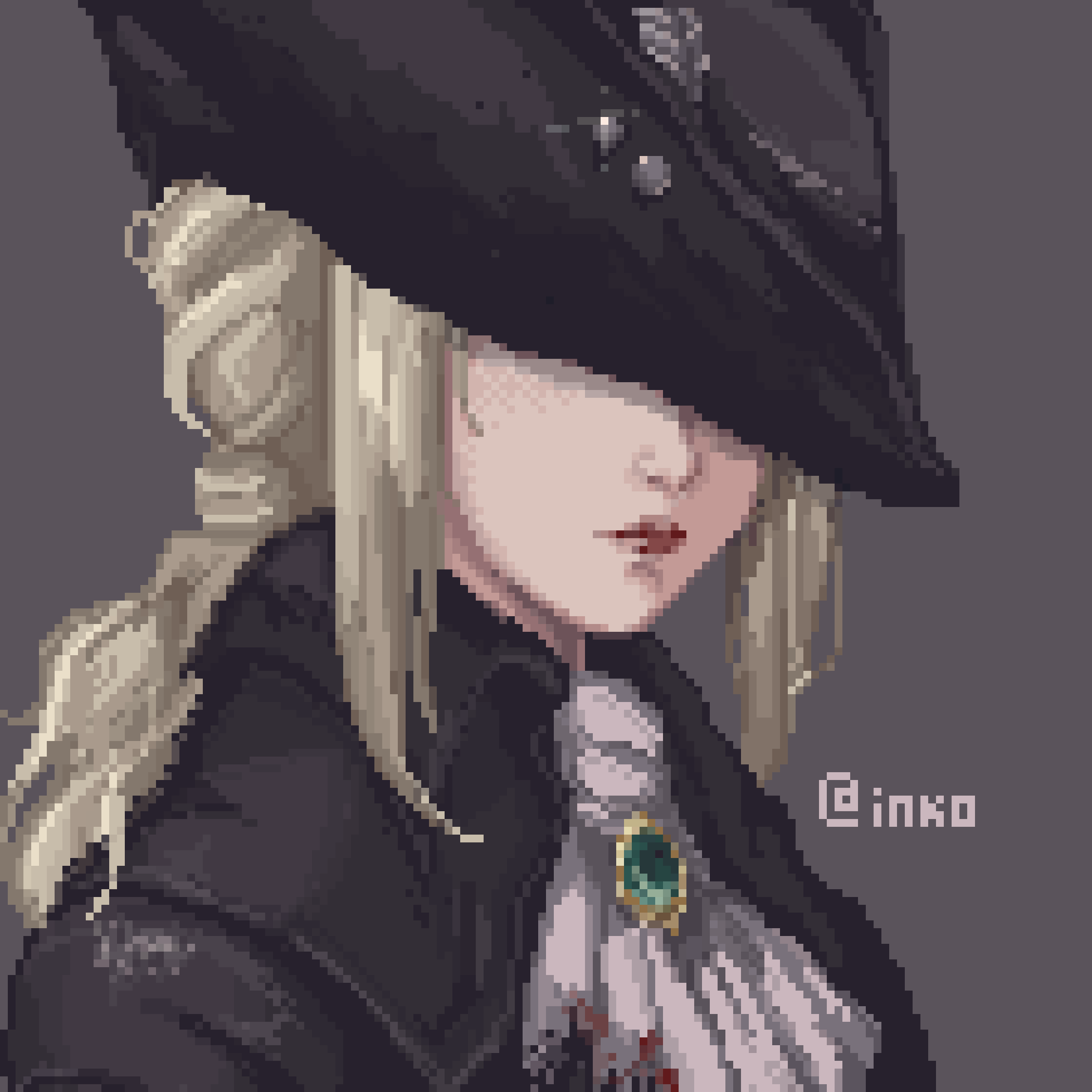 1girl, ascot, black_hat, bloodborne, brooch, closed_mouth, dotpict_(medium), facing_viewer, gem, green_gem, grey_background, hat, hat_over_eyes, highres, inkotheparrot, jewelry, lady_maria_of_the_astral_clocktower, lips, pixel_art, portrait, simple_background, solo, tricorne, white_ascot