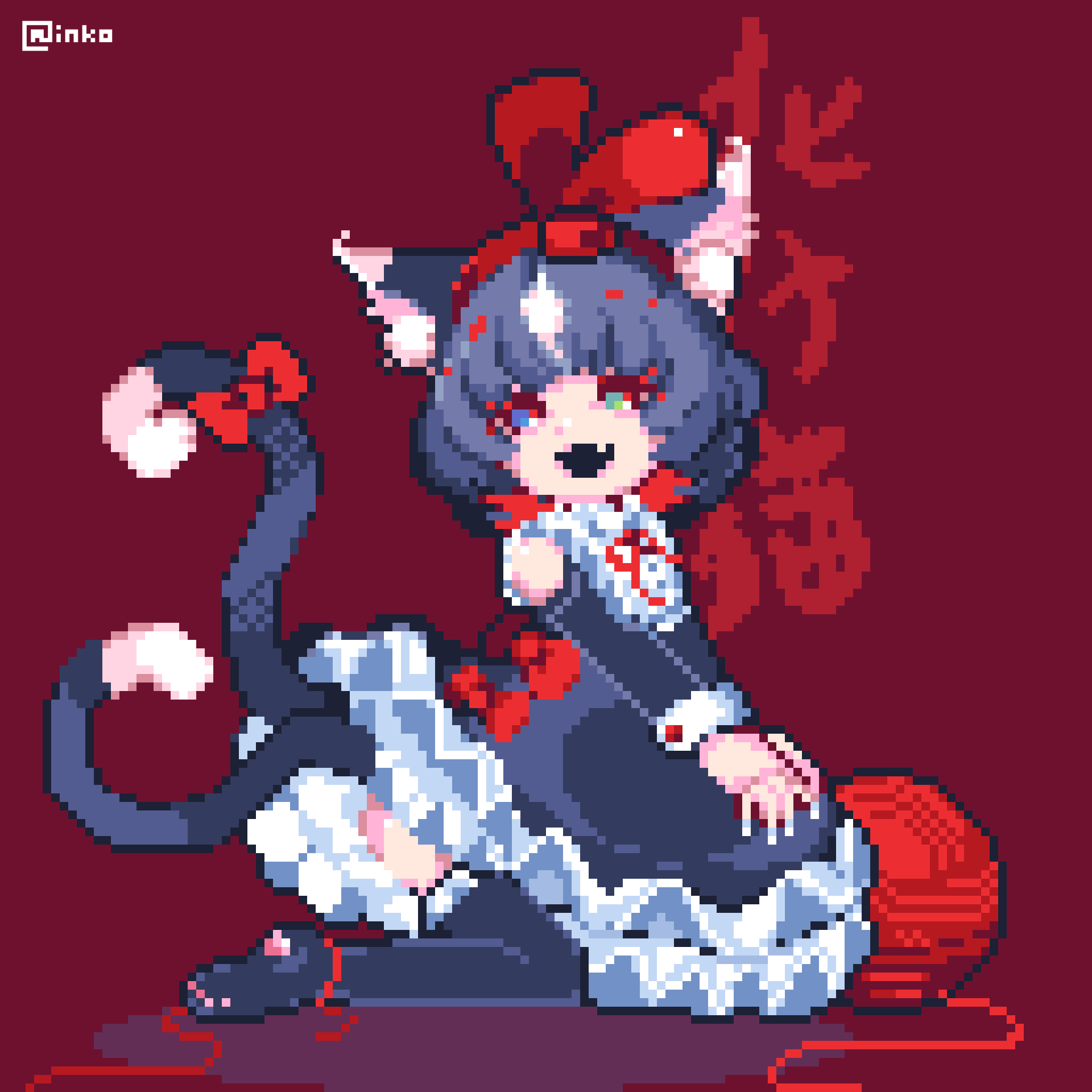 1girl, animal_ears, black_thighhighs, bow, cat_ears, cat_tail, dress, fang