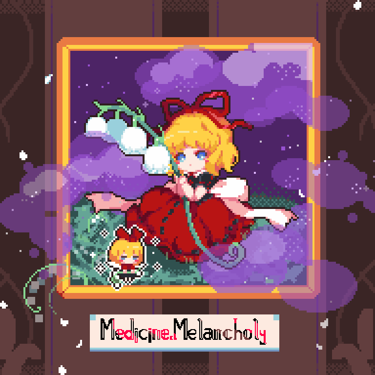 1girl, back_bow, black_shirt, blonde_hair, bow, commentary, flower, hair_ribbon