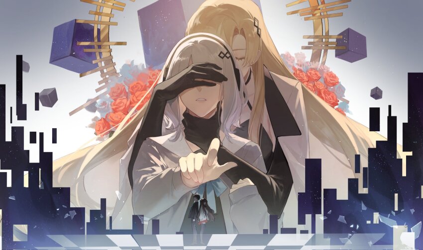 1boy, 3girls, black_gloves, black_hair, black_jacket, black_pants, black_pantyhose, blonde_hair, blue_ribbon, brown_hair, cardigan, closed_eyes, elbow_gloves, essolyn_(forever_7th_capital), female_commander_(forever_7th_capital), flat_chest, flower, forever_7th_capital, gloves, grey_hair, hair_ornament, hairclip, hand_on_another's_neck, hand_over_another's_eyes, highres, jacket, jiemojiemo, long_hair, long_sleeves, male_commander_(forever_7th_capital), multiple_girls, pants, pantyhose, parted_lips, red_skirt, ribbon, rose, seraphim_(forever_7th_capital), short_hair, skirt