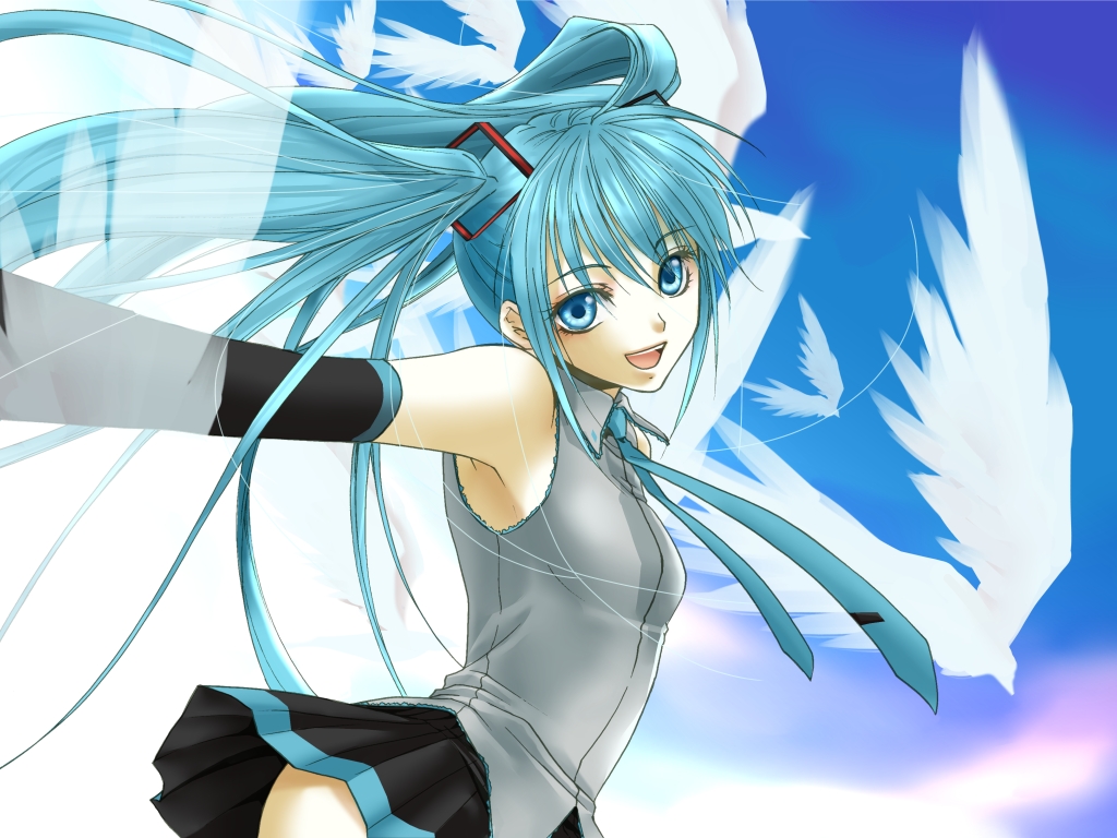 bird, blue_hair, hatsune_miku, long_hair, looking_at_viewer, open_mouth, outstretched_arms, sky