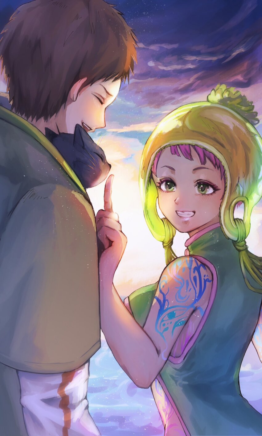 1boy, 1girl, body_markings, breasts, brown_hair, cat, chipie_(gnosia), comet_(gnosia)