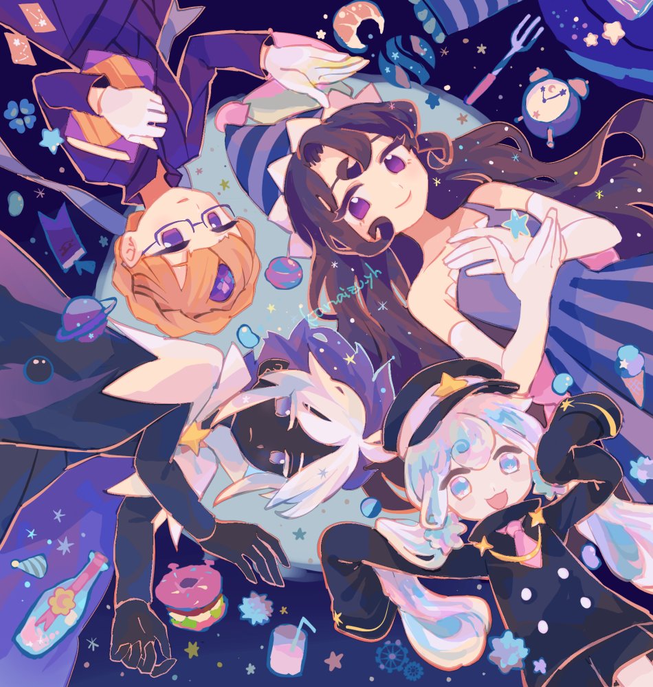 1boy, 3girls, alarm_clock, black_coat, black_shorts, black_skirt, blue_dress, blue_hat