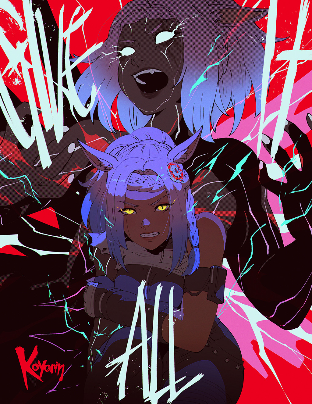 1girl, animal_ears, artist_name, blue_hair, braid, breasts, cat_ears, clenched_teeth