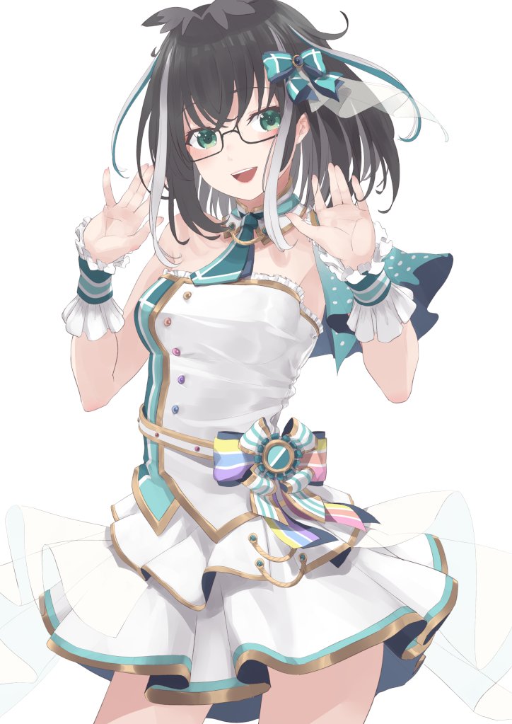 1girl, animare_stage_costume, atsushima, belt, black-framed_eyewear, black_hair, blue_eyes, blue_hair, blue_necktie, blue_shirt, blush, breasts, buttons, commentary_request, cowboy_shot, epaulettes, frilled_shirt, frills, glasses, gold_trim, looking_at_viewer, medium_breasts, medium_hair, multicolored_hair, multicolored_shirt, nanashi_inc., necktie, open_mouth, oura_rukako, shirt, simple_background, single_epaulette, skirt, smile, solo, strapless, strapless_shirt, streaked_hair, teeth, upper_teeth_only, virtual_youtuber, white_background, white_belt, white_hair, white_shirt, white_skirt, wrist_cuffs