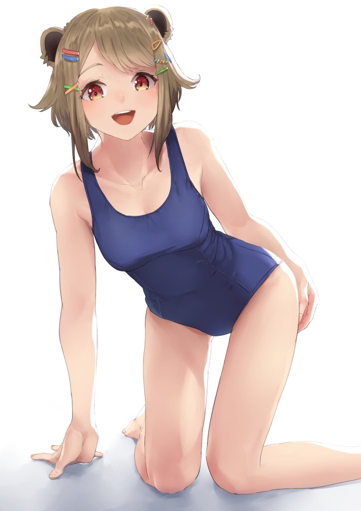 1girl, alternate_costume, atsushima, barefoot, blue_one-piece_swimsuit, blush, breasts, commentary_request