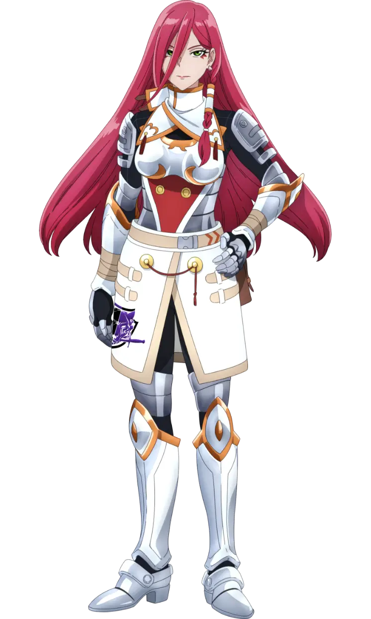 1girl, armor, armored_boots, armored_gloves, armored_skirt, black_pants, boots, closed_mouth, female_focus, green_eyes, highres, long_hair, looking_at_viewer, pants, red_hair, saiga_momo, serious, shangri-la_frontier, skirt, transparent_background, very_long_hair, white_skirt