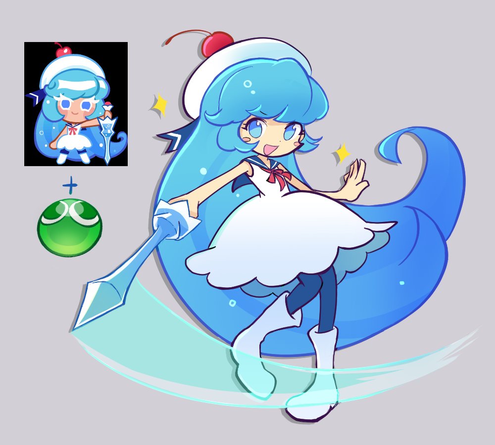 1girl, blue_eyes, blue_hair, blue_pantyhose, blue_sailor_collar, boots, cherry_hat_ornament, cookie_run