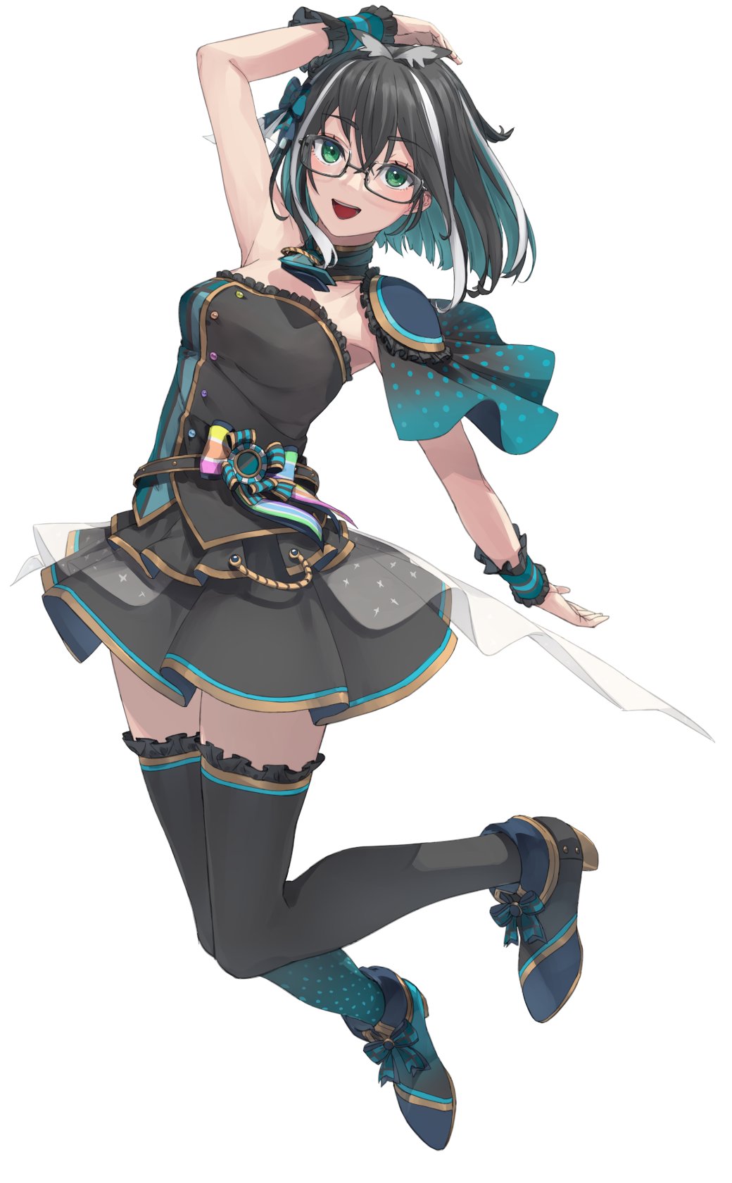 1girl, animare_stage_costume, arm_up, atsushima, belt, black-framed_eyewear, black_belt, black_footwear