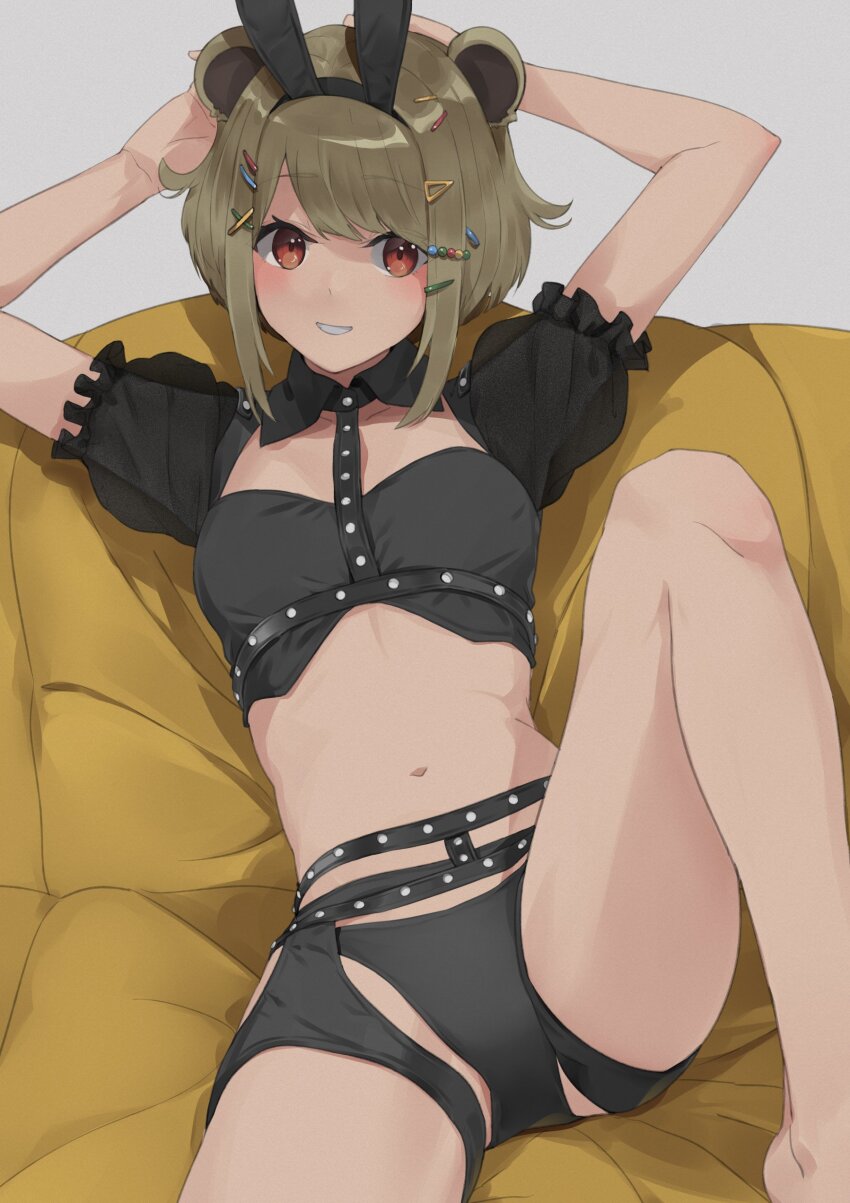 1girl, absurdres, alternate_costume, animal_ears, arms_behind_head, atsushima, barefoot, black_garter_belt