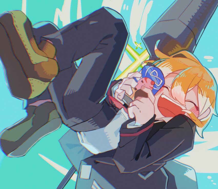 1girl, 73sitimi, black_coat, black_pants, blonde_hair, blue_background, boots, brown_boots, can, closed_eyes, coat, don_quixote_(project_moon), facing_viewer, falling, highres, holding, holding_can, lance, legs_up, limbus_company, long_sleeves, open_mouth, pants, polearm, project_moon, short_hair, simple_background, smile, solo, weapon