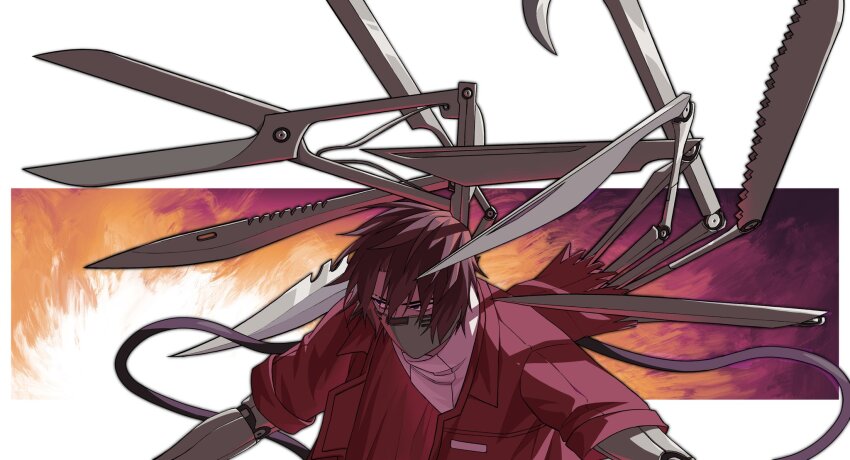 14_shizu, 1boy, dark-skinned_male, dark_skin, heathcliff_(project_moon), highres, jacket, knife