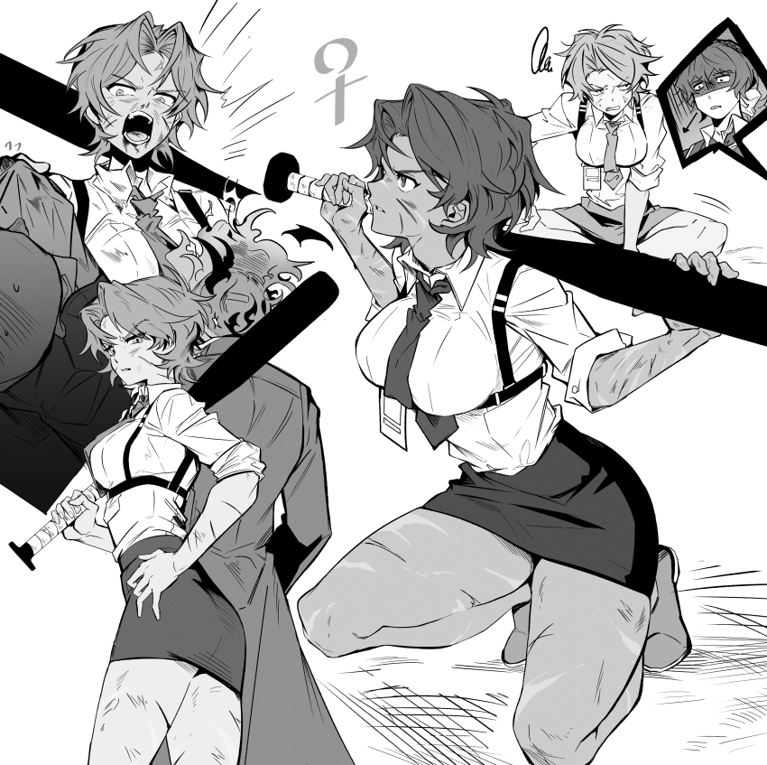 1boy, 1girl, 1other, absurdres, angry, baseball_bat, blood, blood_on_face, bow, chest_strap, collar, collared_shirt, dante_(limbus_company), dark-skinned_female, dark_skin, fire, genderswap, genderswap_(ftm), genderswap_(mtf), greyscale, hair_bow, hands_on_own_hips, heathcliff_(project_moon), highres, holding, holding_baseball_bat, holding_collar, holding_weapon, id_card, ishmael_(project_moon), jacket, kneeling, limbus_company, meatpie72, miniskirt, monochrome, necktie, project_moon, scar, scar_on_face, scars_all_over, shirt, skirt, sleeves_rolled_up, too_many, weapon