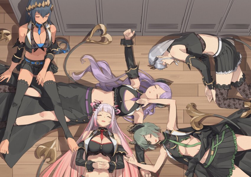 5girls, atsushima, barefoot, belt, between_breasts, black_hair, black_shirt, black_skirt