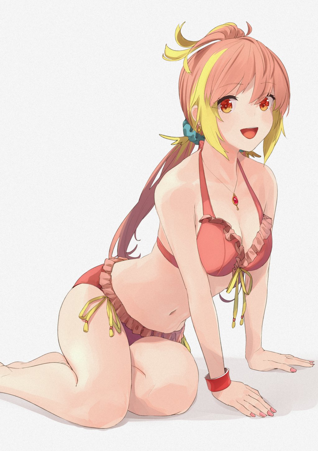 1girl, alternate_costume, atsushima, bikini, blonde_hair, blush, breasts, commentary_request