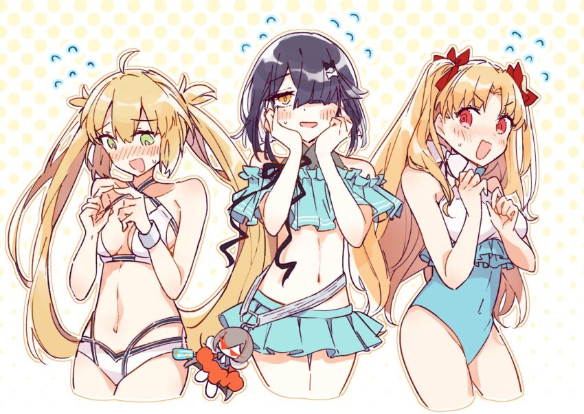 3girls, arms_up, artoria_caster_(fate), artoria_caster_(swimsuit)_(fate), artoria_caster_(swimsuit_berserker)_(first_ascension)_(fate), artoria_pendragon_(fate), bare_shoulders, bikini