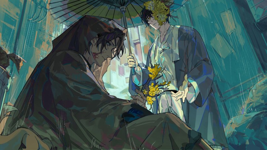 2boys, alley, baihuahua5441, blood, blood_splatter, brown_raincoat, dark-skinned_male, dark_skin