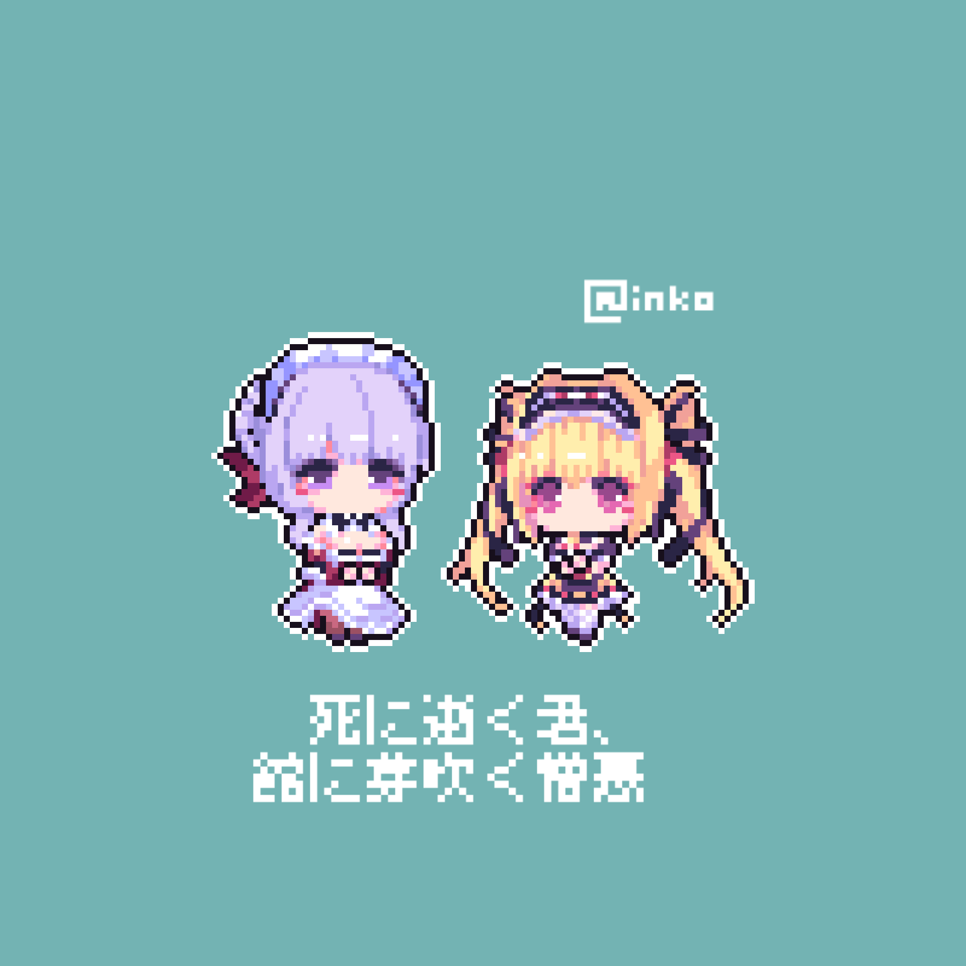 2girls, black_dress, blonde_hair, blue_background, blush_stickers, commentary, dress, full_body