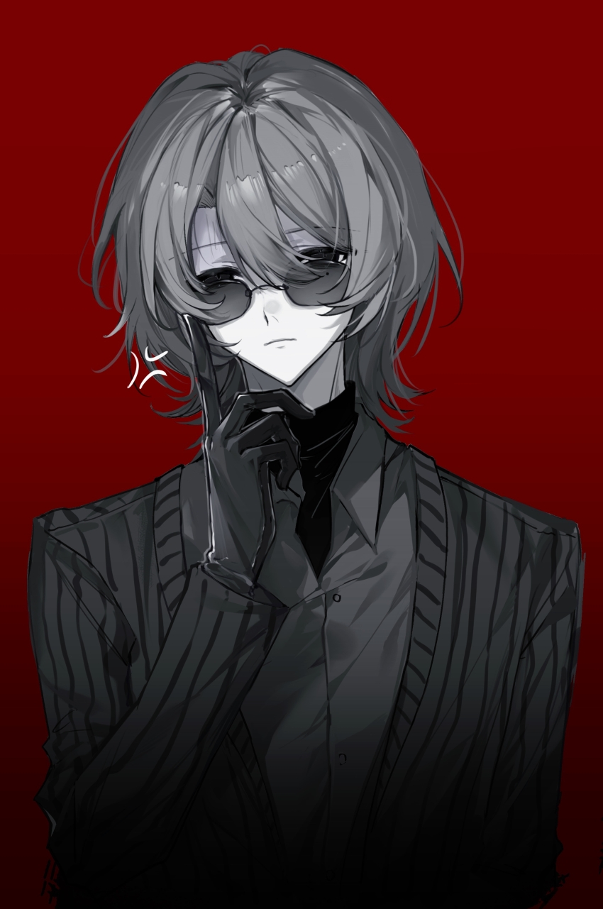 1boy, absurdres, anger_vein, black_eyes, black_gloves, black_jacket, black_shirt, chinese_commentary, closed_mouth, collared_shirt, colored_skin, commentary_request, frown, gloves, grey_hair, hair_between_eyes, heixing, highres, index_finger_raised, jacket, liu_qingcheng, long_sleeves, looking_at_viewer, male_focus, medium_hair, mole, mole_under_eye, open_clothes, open_collar, open_jacket, red_background, shirt, solo, striped_clothes, striped_jacket, sunglasses, touqi_guaitan, turtleneck, upper_body, vertical-striped_clothes, vertical-striped_jacket, white_skin