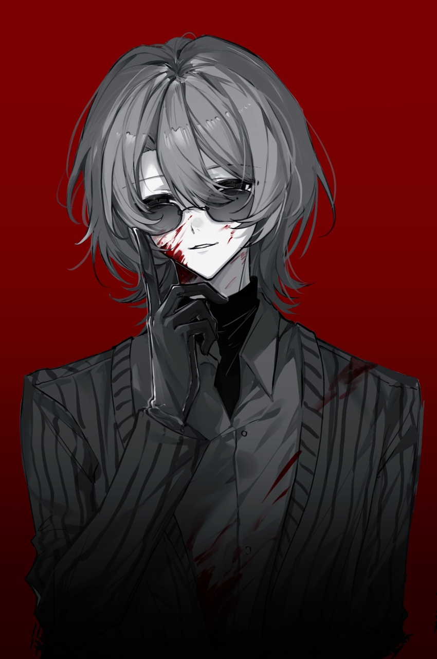 1boy, absurdres, black_eyes, black_gloves, black_jacket, black_shirt, blood, blood_on_face