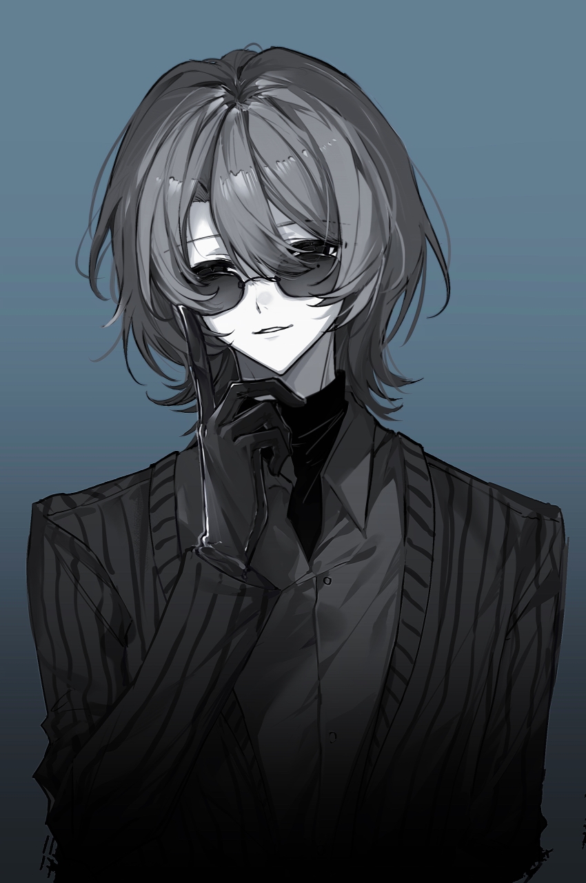 1boy, absurdres, black_eyes, black_gloves, black_jacket, black_shirt, blue_background, chinese_commentary, collared_shirt, colored_skin, commentary_request, gloves, grey_hair, hair_between_eyes, heixing, highres, index_finger_raised, jacket, liu_qingcheng, long_sleeves, looking_at_viewer, male_focus, medium_hair, mole, mole_under_eye, open_clothes, open_collar, open_jacket, shirt, smile, solo, striped_clothes, striped_jacket, sunglasses, touqi_guaitan, turtleneck, upper_body, vertical-striped_clothes, vertical-striped_jacket, white_skin