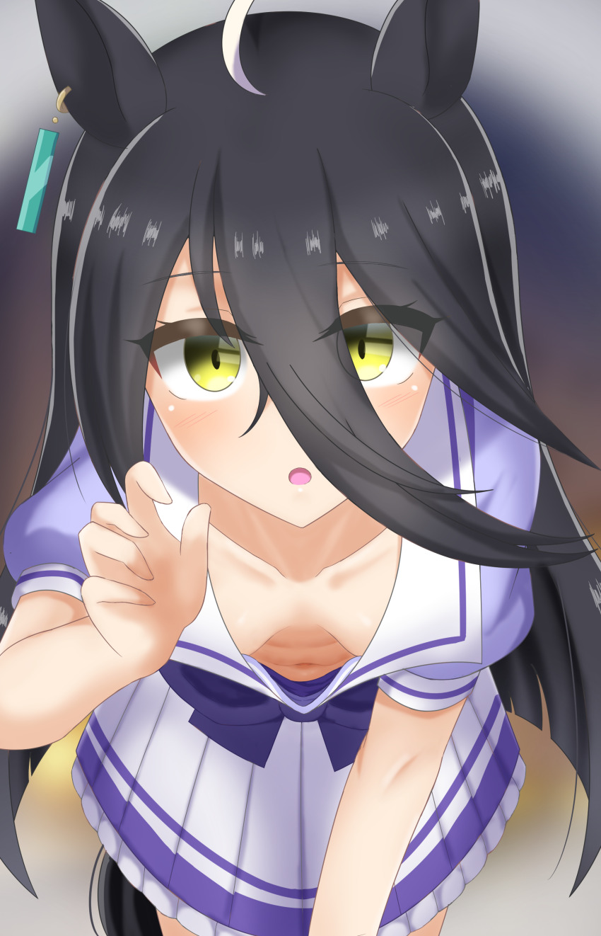 absurdres, animal_ears, black_hair, bow, bowtie, breasts, byakko_(lock_heart), cleavage