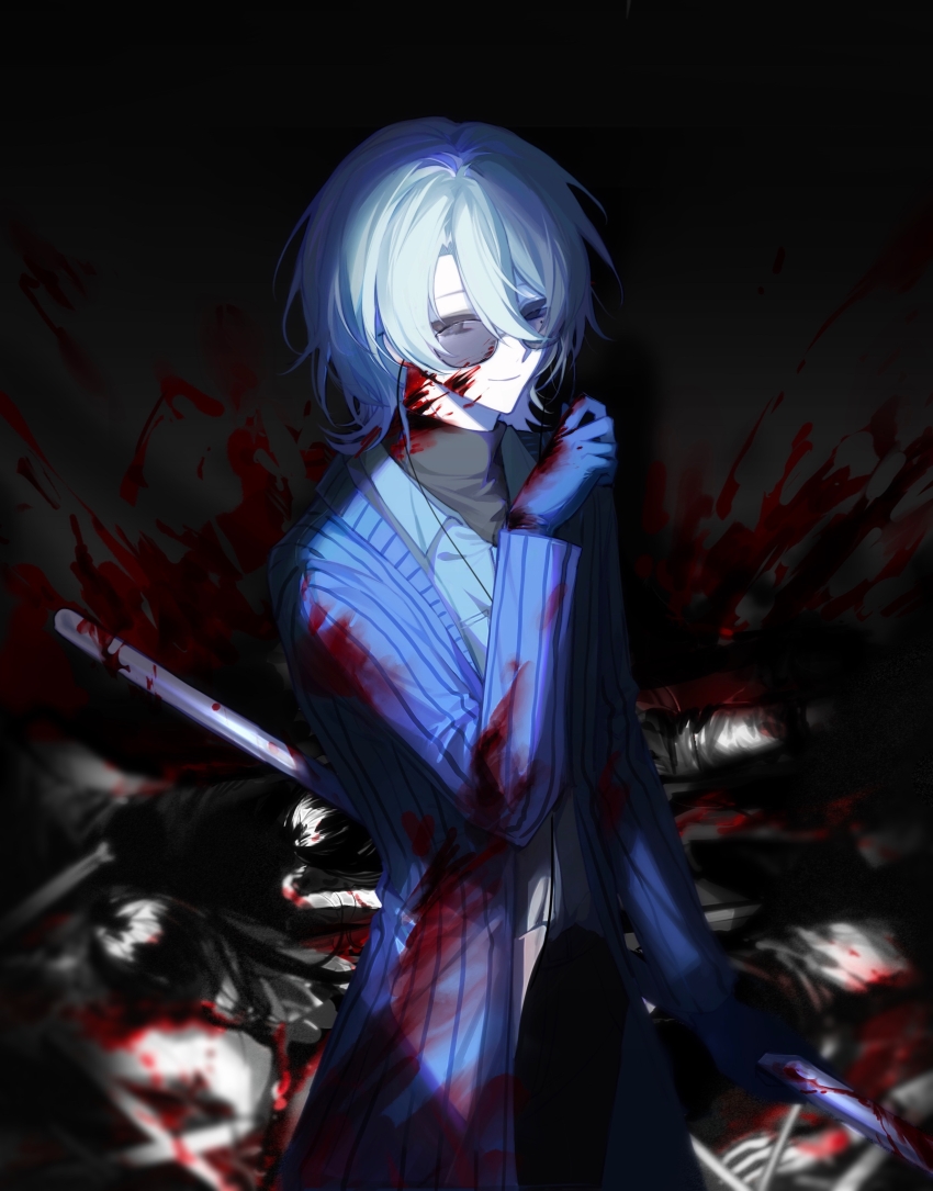 1boy, absurdres, black_eyes, black_pants, blood, blood_on_clothes, blood_on_face, blood_on_neck