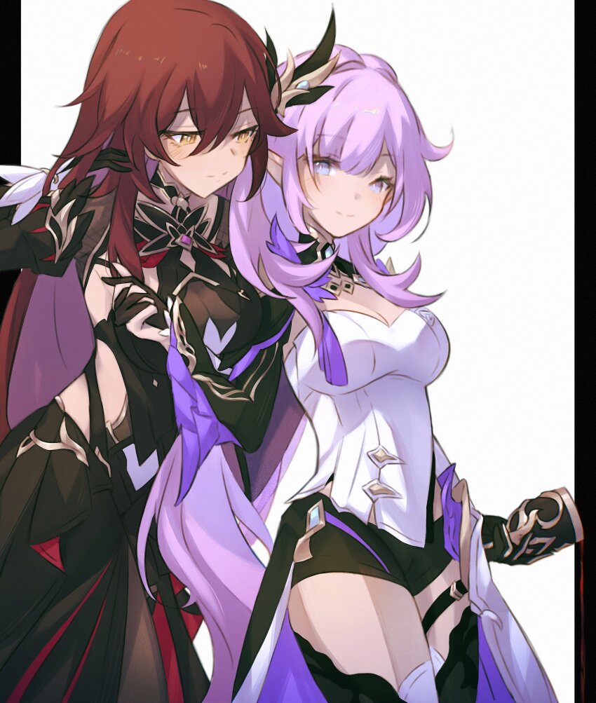 2girls, 8tartt, absurdres, black_border, black_dress, black_shorts, blue_eyes, border