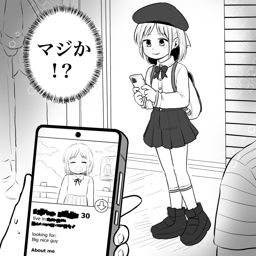 1girl, 3others, backpack, bag, cellphone, commentary, english_text, greyscale