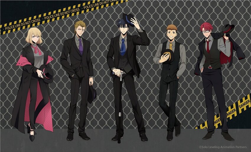 1girl, 4boys, alternate_costume, black_coat, black_footwear, black_hair, black_hat, black_suit, black_vest, blonde_hair, blue_eyes, blue_necktie, brown_hair, cane, cha_hae-in, choi_jong-in, closed_mouth, coat, fedora, formal_clothes, full_body, grey_shirt, grin, hat, highres, jacket, long_sleeves, looking_at_viewer, multiple_boys, necktie, official_art, pants, purple_necktie, red_eyes, red_hair, red_necktie, shirt, shoes, short_hair, smile, solo_leveling, standing, suit, sung_jin-woo, teeth, third-party_source, vest, woo_jin-chul, yellow_necktie, yoo_jin-ho