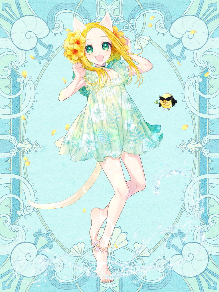 1girl, :d, animal_ears, anklet, barefoot, bird, blonde_hair, blue_background, dress, flower, full_body, green_dress, green_eyes, hair_flower, hair_ornament, jewelry, kerberos_blade, long_hair, open_mouth, shizuya_(szy_tw), shu_freesia, smile, solo, standing, tail, yellow_flower