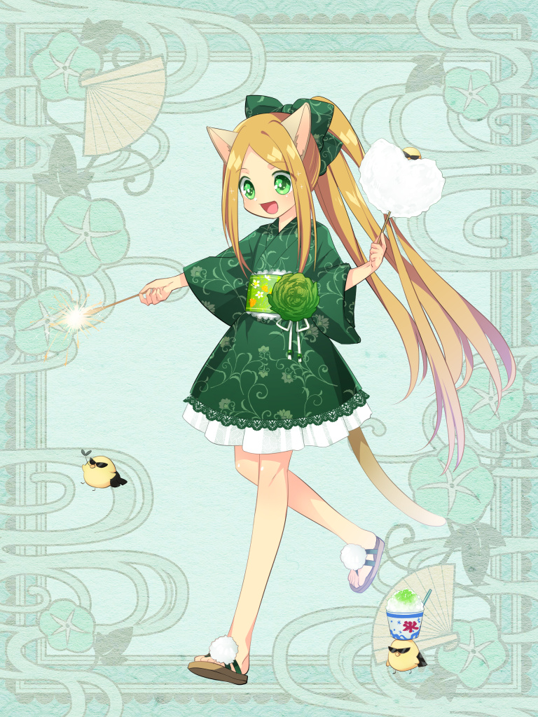 1girl, :d, animal_ears, bird, blonde_hair, bow, cat_tail, cotton_candy, food, full_body, green_background, green_bow, green_eyes, hair_bow, holding, holding_cotton_candy, holding_food, kerberos_blade, l_(matador), open_mouth, sandals, shaved_ice, shu_freesia, smile, solo, tail