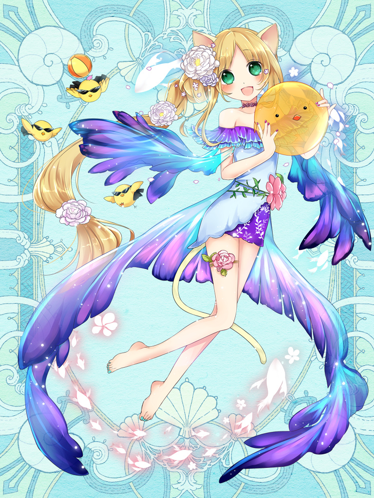 1girl, :d, ball, bare_shoulders, barefoot, beachball, bird, blue_background, blue_nails, choker, flower, green_eyes, hair_flower, hair_ornament, holding, holding_ball, kerberos_blade, long_hair, open_mouth, parted_bangs, royaltea87, shu_freesia, smile, solo, very_long_hair, white_flower
