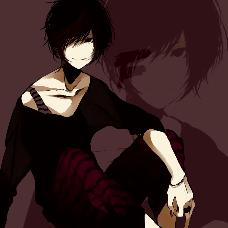 1boy, bad_id, bad_pixiv_id, black_eyes, black_hair, hair_over_one_eye, kana_(kwbr), kwbr, male_focus, original, sitting, smile, solo, zoom_layer