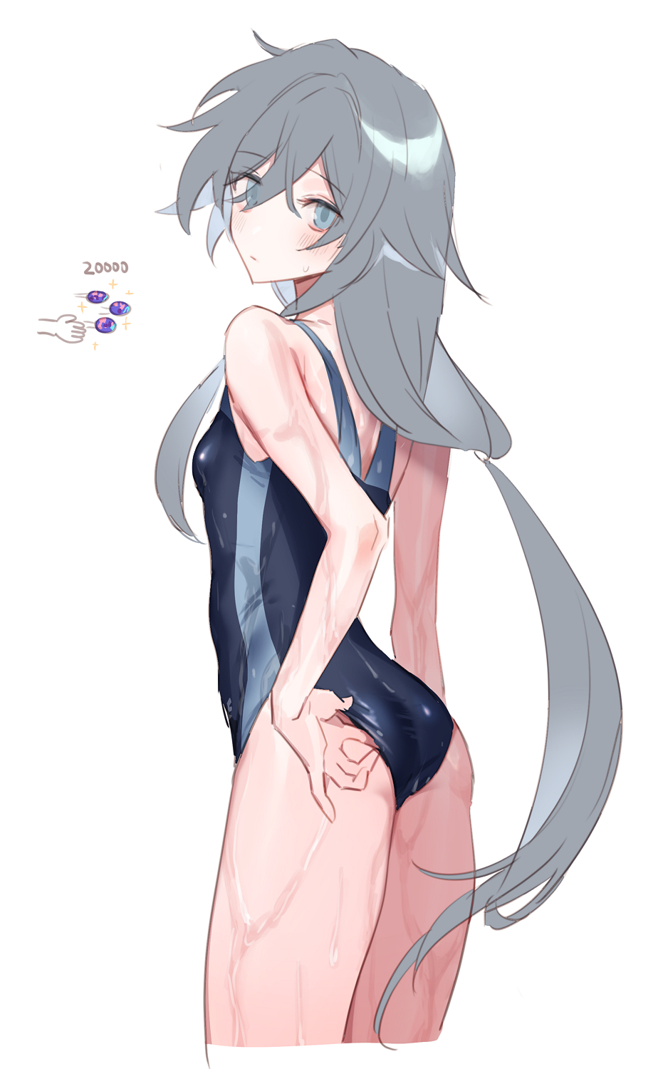 1girl, adjusting_clothes, adjusting_swimsuit, ass, bare_arms, bare_shoulders, blue_eyes, blue_one-piece_swimsuit