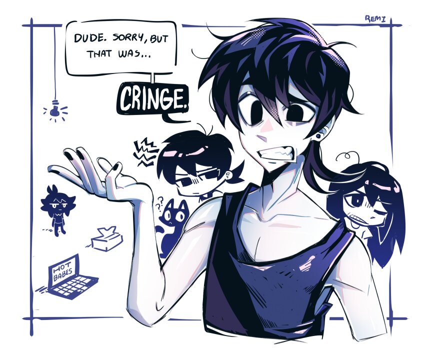 1girl, 3boys, ?, absurdres, animal, arm_at_side, artist_name, bags_under_eyes, bare_arms, bare_shoulders, black_cat, black_eyes, black_hair, black_nails, black_skin, black_tank_top, bright_pupils, brother_and_sister, cat, chibi, chibi_inset, clenched_teeth, closed_mouth, collarbone, colored_skin, commentary, computer, cropped_torso, dual_persona, earrings, empty_eyes, english_commentary, english_text, hand_up, highres, jewelry, laptop, light_bulb, long_hair, mari_(faraway)_(omori), mari_(omori), mari_(spirit)_(omori), mewo, multiple_boys, nail_polish, no_pupils, omori, omori_(omori), omoriboy, one_eye_closed, prototype_design, remi_(mozzaremi), short_hair, siblings, simple_background, speech_bubble, stranger_(omori), strap_slip, stud_earrings, tank_top, teeth, tissue_box, uneven_eyes, white_background, white_eyes, white_pupils, white_skin