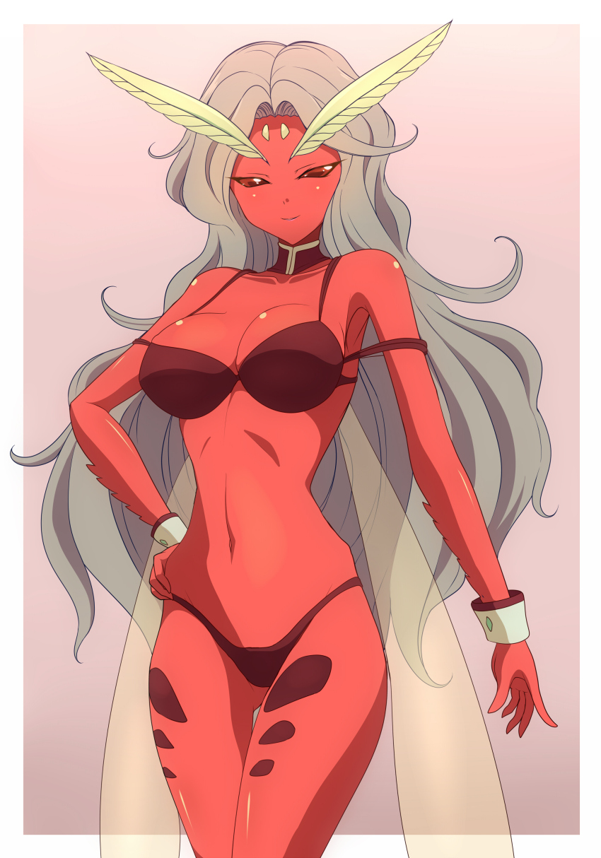 1girl, absurdres, asaricurry, bikini, bishoujo_senshi_sailor_moon, blush, bow, breasts, colored_skin, curvy, dd_girls_(sailor_moon), demon_girl, detached_collar, earrings, fairy, fairy_wings, hair_over_one_eye, hand_on_own_hip, highleg, highleg_bikini, highres, jewelry, large_breasts, long_hair, monster_girl, navel, red_bikini, red_skin, revealing_clothes, sailor_senshi, sailor_senshi_uniform, shiny_skin, simple_background, skindentation, smile, standing, swimsuit, thong, thong_bikini, very_long_hair, wings, youma_(sailor_moon)