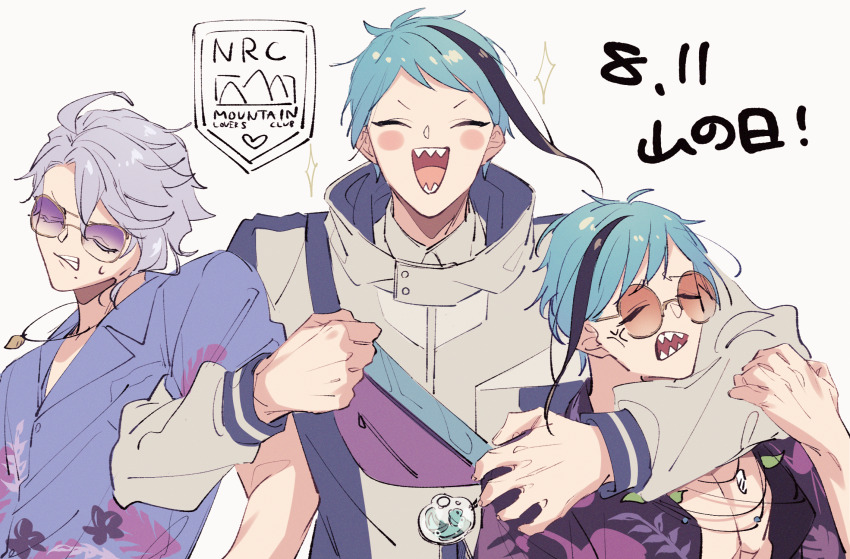 3boys, azul_ashengrotto, azul_ashengrotto_(tropical_wear), blue_hair, brothers, brown_jacket, closed_eyes, commentary_request