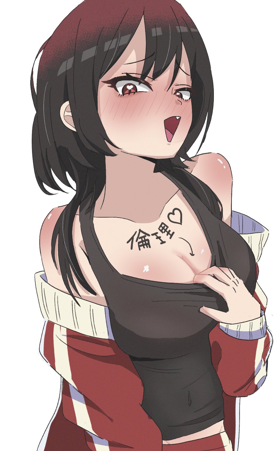 1girl, black_hair, blush, body_writing, bonnouji_momoha, breasts, cleavage, female_focus
