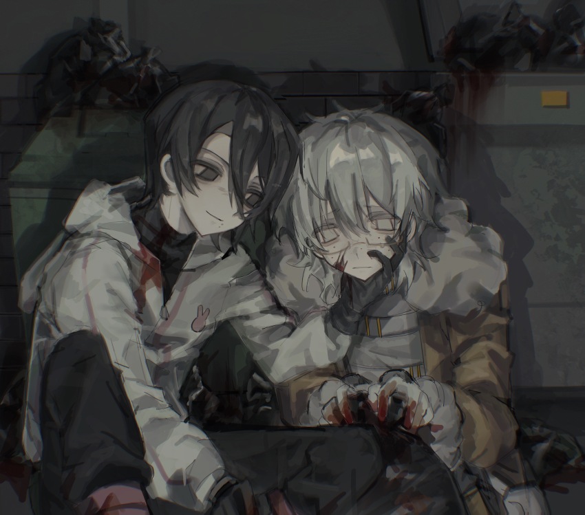 2boys, absurdres, bai_ling_(touqi_guaitan), black_gloves, black_hair, black_pants, black_shirt, blood