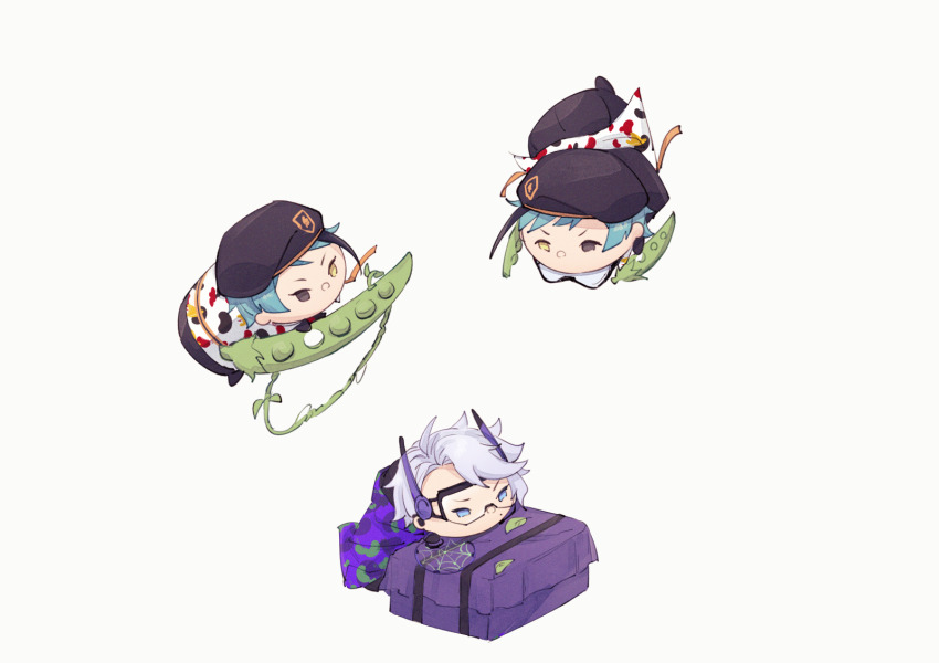 3boys, azul_ashengrotto, azul_ashengrotto_(beans_camo), beanfest_(twisted_wonderland), blue_eyes, blue_hair, brown_eyes, camouflage