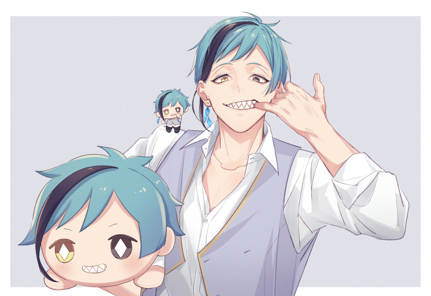 1boy, blue_hair, brown_eyes, character_doll, doll, floyd_leech, grey_background, grey_vest