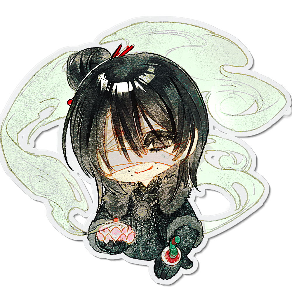 1girl, bandage_over_one_eye, black_capelet, black_eyes, black_gloves, black_hair, black_shirt, capelet