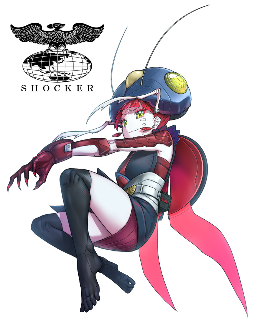 1girl, antennae, arthropod_girl, belt, belt_buckle, buckle, claws, commentary, cricket_girl, cyborg, earrings, eidenjyou1997, english_commentary, genderswap, genderswap_(mtf), green_eyes, guiller_koorogi, highres, invisible_chair, jewelry, kamen_rider, kamen_rider_(1st_series), logo, monster_girl, over-kneehighs, red_claws, red_hair, shocker_(kamen_rider), simple_background, sitting, solo, thighhighs, toes, white_background, white_belt
