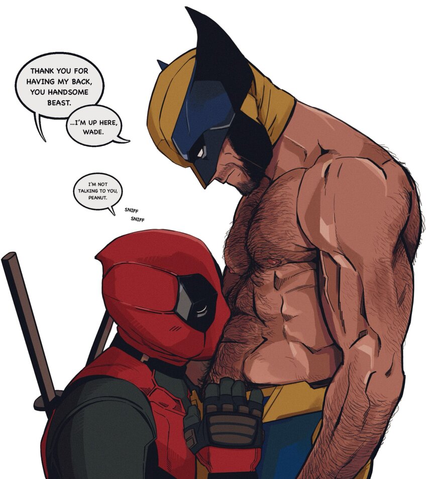 2boys, beard, bonjourdraws, deadpool, deadpool_&amp;_wolverine, deadpool_(series), english_text, facial_hair, highres, katana, marvel, mask, multiple_boys, muscular, muscular_male, nipples, pectorals, simple_background, superhero_costume, sword, weapon, white_background, wolverine_(x-men), yaoi