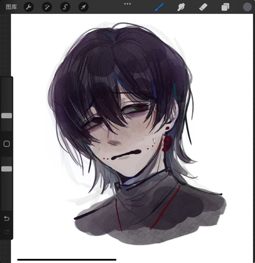 1boy, art_program_in_frame, black_eyes, black_hair, black_sweater, chinese_commentary, commentary_request, cropped_shoulders