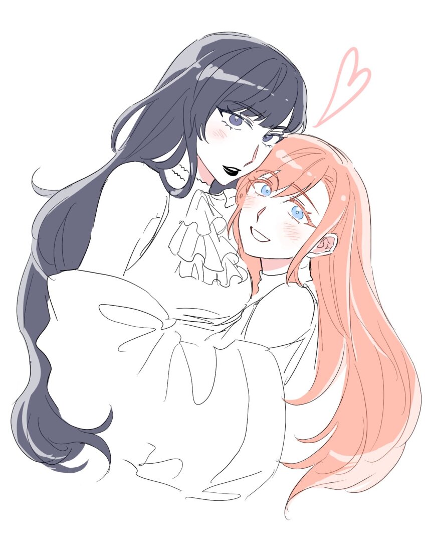 2girls, ascot, bare_shoulders, black_eyes, black_hair, black_lips, blush, commentary_request